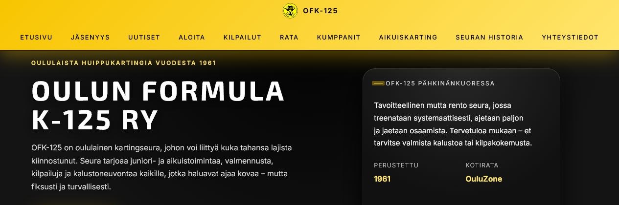 Oulun Formula K-125 ry:n verkkosivuston etusivu